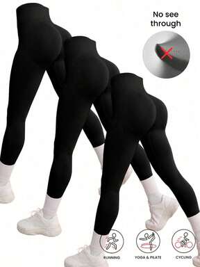 Three Pieces Of Black Seamless Athletic Leggings, Lightweight And With Elasticity, Which Can Enhance The Shape Of The Hips And Abdomen, Suitable For Yoga Exercises, Outdoor Cycling And Hiking, As Well As Daily Wear.