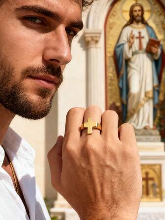 1pc Boho Style Stainless Steel Cross Ring, Unisex Puck Fashion Open Signet Band, Hip Hop Jewelry, 18K Plated Cross Charm, Minimalist Wedding Christmas Gift Jewelry, Band Ring For Friendship Talisman Gift