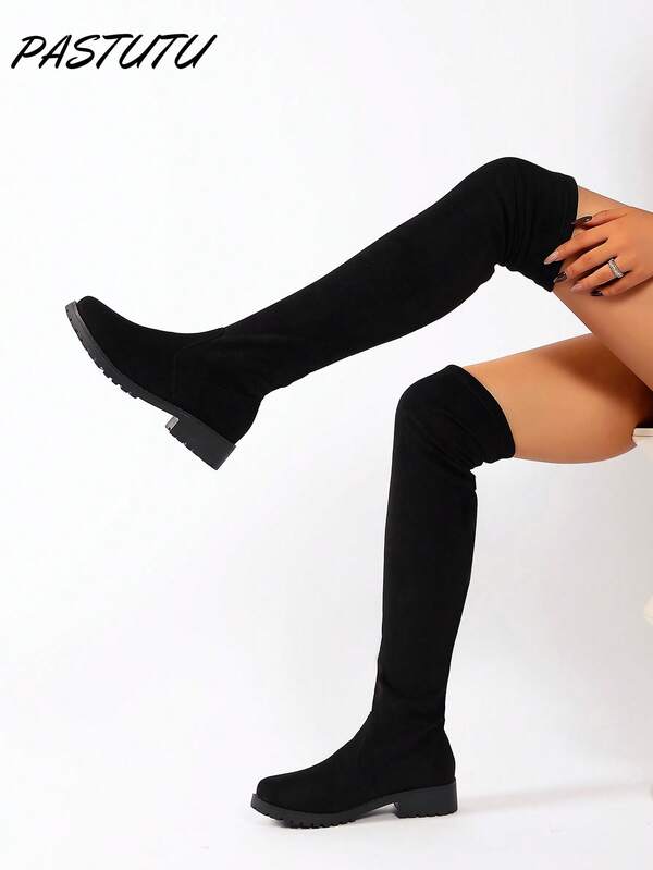 女式黑色及膝高筒靴，时尚个性化黑色性感弹力面料修身高跟过膝长靴