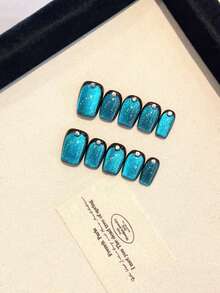 10PCS Handmade False Nails With Huge Starry Sky Cat Eyes, Small Broken Diamonds, And A Metallic Texture. Pressing Nails Are Suitable For Women And Girls In Daily Life, Parties, Dances, And As Gifts For Friends. Short Fake Nails Are Simple, Cute, And Versatile, With Jelly Glue And Rubbing Strips As Gifts - Blue - View 4