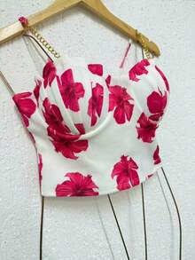 Cropped Top Blouse Thin Strap Chain With Mermaid Cup Fashion Blogger Retro Summer Party Beach Neoprene Suplex Strappy - 多粉紅色 - 查看 3