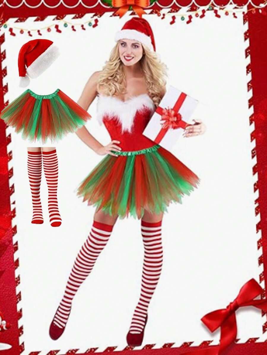 3 件套圣诞派对帽、芭蕾舞裙、红白及膝袜、圣诞角色扮演派对女性成人服装套装 - 綠色 - 查看 1