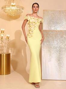 New Sexy Off-Shoulder Luxury Heavy Embellished Pearl Sequin Embroidered Fitted Backless Sleeveless Mermaid Long Dress Elegant Women's Party Gown - Light Yellow - View 2