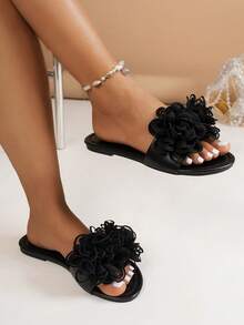 Dép xỏ ngón đế bằng cho nữ, thiết kế nơ, đế mềm, nhẹ, thoáng khí, dép đi biển thông thường cho mùa hè - màu đen - Xem 2