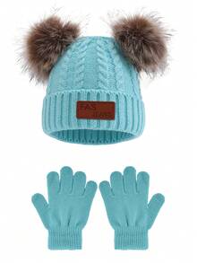 1 Stück gestrickter Hut + Handschuhe Set, Pompons Beanie und vollfingerige gestrickte Handschuhe, einfarbige warme Winter Mützen und Handschuhe für Jungen und Mädchen, vielseitige neue Version - 1PC - Übersicht 20