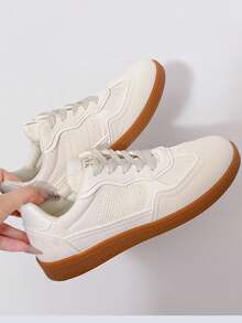 Women's Fashion Casual Sneakers - Breathable & Comfortable, Low-Top Lace-Up Running Shoes With Striped Design, Versatile For All Seasons, Available In White/Green, Light Pink/Blue, Black/White, And Dark Blue/Blackbasket Femmechaussure Femmebaskets Femmes - Beige - View 5