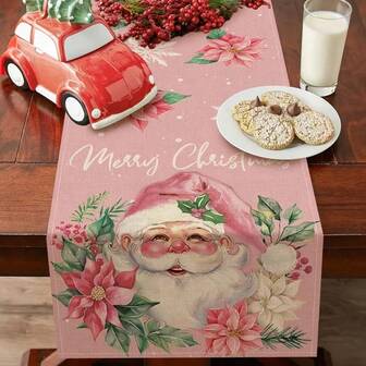 Ein Set aus Leinen-Tischläufer mit Weihnachtsthema, mit Motiven des Weihnachtsmanns und rosa Blumenmustern, mit Schneeflocken-Dekorationen, Polyester-Rechteck-Tischdecken für Weihnachtsdekoration, geeignet für ländliche Feiertagsdekoration. In verschiedenen Größen erhältlich, passend für Esstische, Küchentreffen