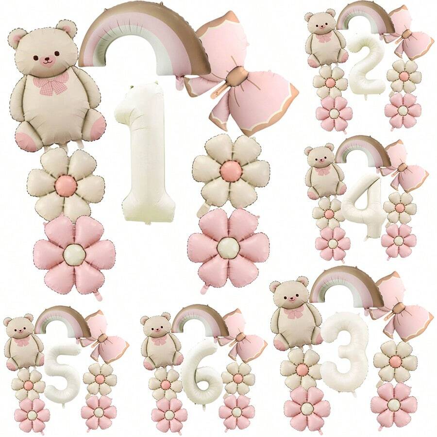 8pcs Pink Bowknot Bear Balloon Set, Includes 32inch Cream Color Numbers 1-6, Rainbow, Pink Bow, Pink Flower Balloons, Suitable For Wedding, Birthday, Anniversary Decoration - White - View 1