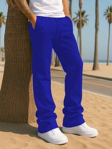 Mens Casual Solid Stacked Track Pants Zipper Pockets Polyester Spandex - 寶藍色 - 查看 1