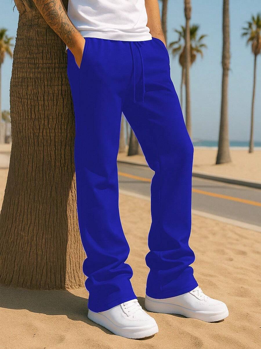 Mens Casual Solid Stacked Track Pants Zipper Pockets Polyester Spandex - 寶藍色 - 查看 1