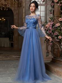 Váy dạ hội trang trọng chắp vá thanh lịch dành cho nữ dự tiệc, tiệc tùng, khách dự đám cưới, sự kiện trang trọng, váy maxi ren, kim sa, lưới, khóa kéo - Màu xanh bụi bặm - Xem 5