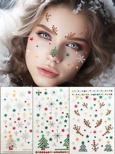 1 件圣诞雪花、圣诞树形状、多色星形 3D 水钻贴纸、彩色人造水晶和身体首饰、DIY 节日 Y2K 妆容、狂欢节、化妆球脸部闪亮眼饰