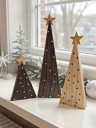 3Pcs Christmas Decorative Items, Wooden Christmas Tree Logo With Star Decorations, Suitable For Christmas Decor, Living Room, Bedroom, Fireplace Table, Tabletop Decoration, Home Decoration, Room Decoration, Christmas Gifts, And Gift-Giving