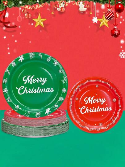 10pcs/20pcs/50pcs Red And Green Christmas Paper Plates Round Paper 7 Inch Dessert Plates 9 Inch Merry Christmas Elegant Dinner Food Plates For Xmas Party Birthday Parties Family Gatherings