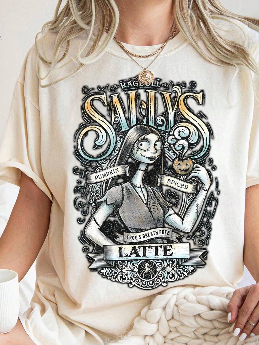 Women's T-Shirt,  And Sally Shirt Set, Pumpkin Spice Latte And Ale Tee, Nightmare Before Christmas Couple Shirts,  Halloween T-Shirt - Casual Short Sleeve Round Neck Top With Playful Cartoon Design & Durable Print, Elegant Party Women's Tee For  Travel, Picnics, Party Outfits, Beach - White - View 1