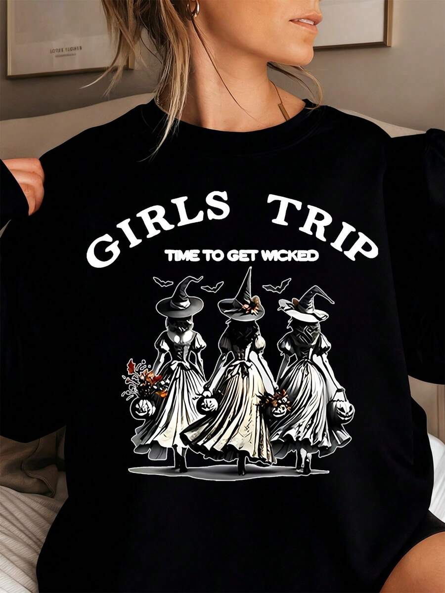 Girls Trip Time To Get Wicked Halloween Witch T-Shirt For Women - Funny Spooky Witch Costume Graphic Tee, Perfect For Halloween Party, Bachelorette Outfit, And Girls' Night Out - màu đen - Xem 1