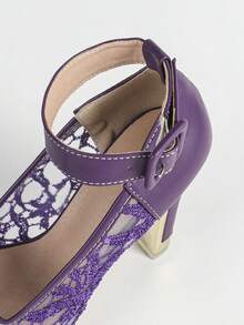 性感派对黑色高跟网面凉鞋，厚底防水坡跟，黑色搭扣露趾女凉鞋 - 紫色 - 查看 8