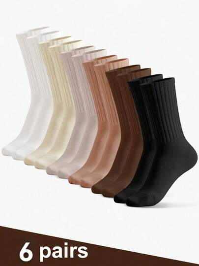 6 Pairs Women's Mid-Calf Socks, Earth Tone Colors (6 Colors) - Moisture-Wicking, Odor-Resistant, Elastic & Comfortable, Suitable For Daily Wear And Warmth