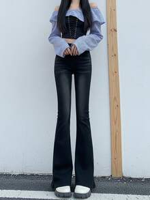 YEAE | 女士黑色喇叭牛仔裤，休闲长款无弹力牛仔裤，带纽扣口袋和拉链细节，春季款 - 黑色 - 查看 5