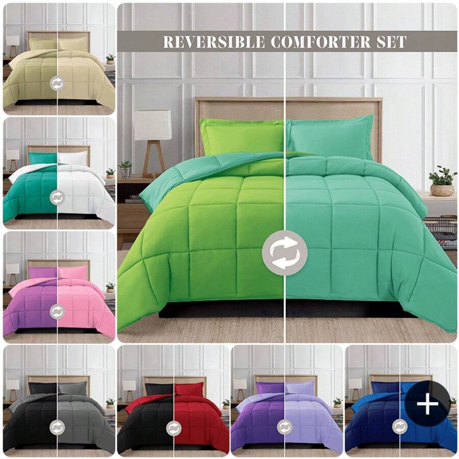 Elegant Comfort All Season Ultra Soft 3pcs Reversible Diamond Stitched Comforter Set, Down Alternative Breathable And Comfortable Quilt Luxury Hotel Quality 3 Piece Full/Queen, King/California King And Twin/Twin XL Size Bed Includes 1 Comforter And 2 Pillowcases Bedding Set, Christmas Decorations Gifts, Cozy Winter Styles, Holiday Décor - 水色/青檸色 - 查看 1