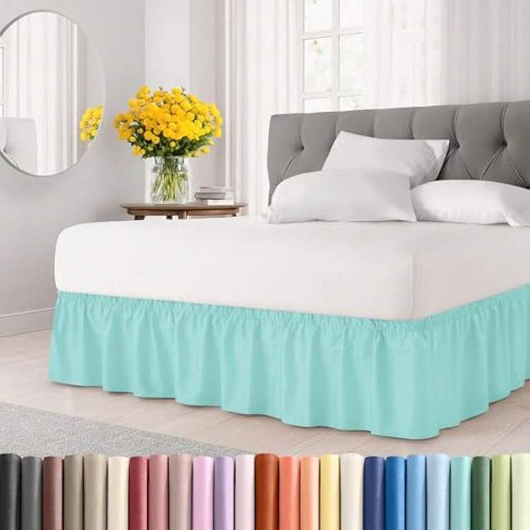 Spa Blue Wrap Around Dust Ruffle Bed Skirt For King Size Beds With 21-Inch Drop, Easy Fit Elastic Strap, Adjustable Pleated, Wrinkle-Free Brushed Fabric - Suitable For All Ages - 13 - Nâu - Xem 1