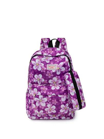 2pcs Nylon Zipper Closure Fashionable Contrast Color Backpack, Delicate Floral Print, Large Capacity Backpack Suitable For Youth, School, Work, Daily Use, Great Gift (Pattern Placement Random)