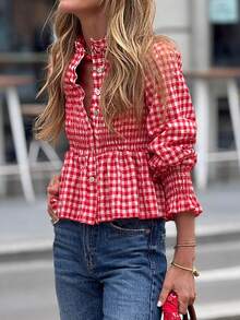 Women's Casual Vintage Street Style Ruffle Hem Plaid Shirt, Spring/Summer - Red - View 7