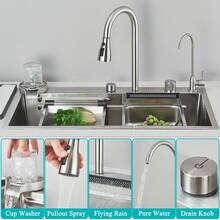 Saetow Juego de fregadero de cocina con grifo abatible, lavavajillas de alta presión y grifo de agua pura, fregadero de acero inoxidable 304 de un solo seno con caño en cascada, accesorios completos para cocina, negro mate/níquel cepillado (75 * 46 cm) - Níquel cepillado 75*46cm - Ver 4