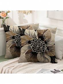 shangxia 2pcs Farmhouse Style Dahlia Pattern Throw Pillow Covers, 18" X 18" - Black & Brown Abstract Design, Zippered Polyester Velvet Fabric, Single-Sided Print, Suitable For Home And Car Decor, Decorative Pillows - Multicolor - View 14