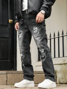 男士修身弹力破洞牛仔裤，休闲学院街头风格，适合所有季节 - 灰色 - 查看 4