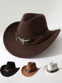1pc Men's Polyester Western Cowboy Hat, Unisex Retro Style, Decorated With Sunflower & Metal Bull Ornament, Suitable For Casual Wear, Western Cowboy Party, One Size, Solid Color Bohemian Polyester Fiber (Polyester), Rivets - Multicolor - View 8