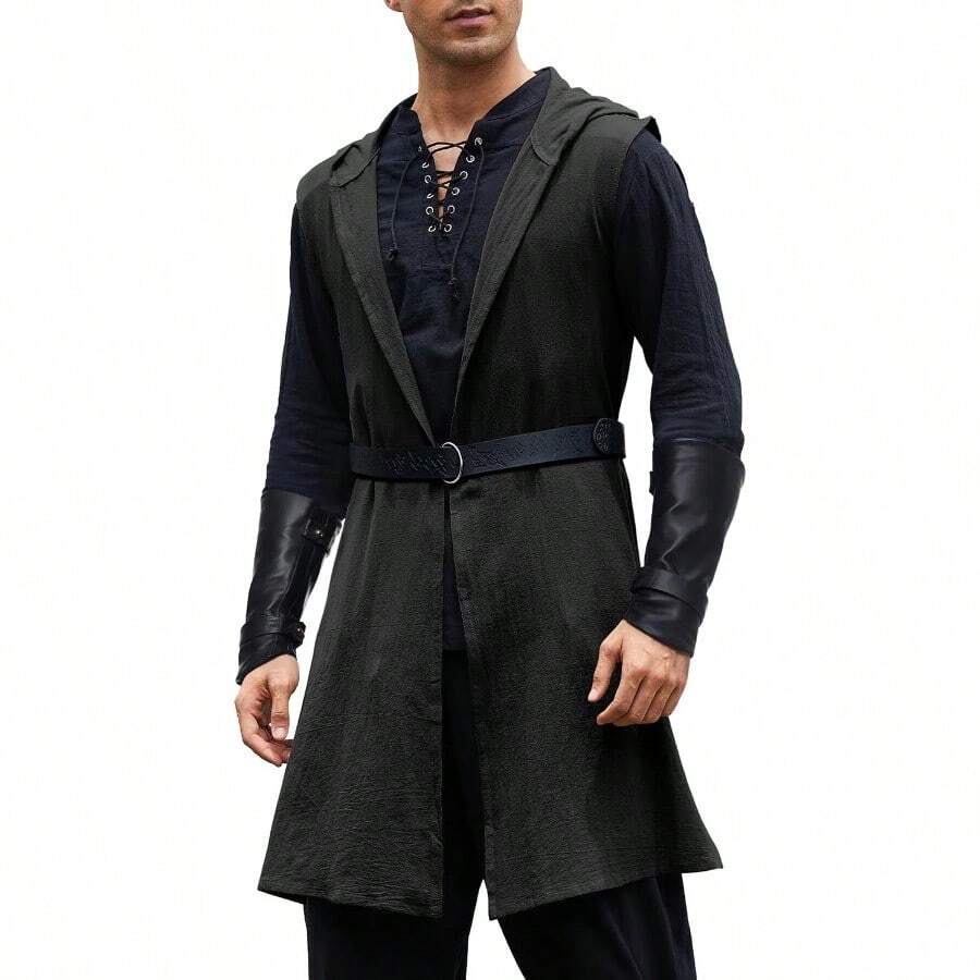 Century Star Medieval Costume Men Renaissance Ren Faire Knight Viking Hooded Cloak Pirate Vest Surcoat Tunic Shirt Holloweengift - màu đen - Xem 1