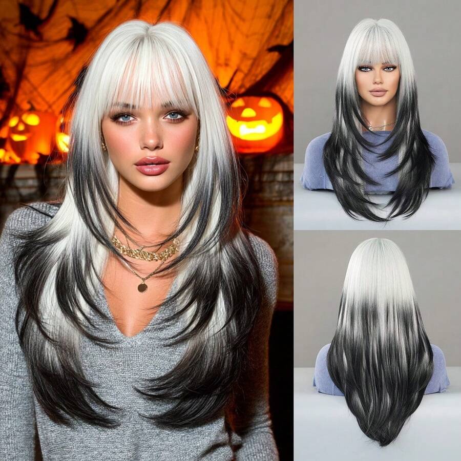 PIAOYUN Parrucca lunga dritta con sfumature bianco-argento con frangia per donne, adatta per uso quotidiano, feste, cosplay, parrucca sintetica con frangia morbida