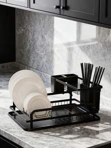 1 pieza Rejilla de secado de platos de metal de doble capa, rejilla de secado de platos de acero al carbono para cocina, organizador de platos para encimera con bandeja de utilidad, rejilla de secado de platos compacta y resistente a la oxidación, organizador de platos moderno y portátil para tazas, platos y cuencos