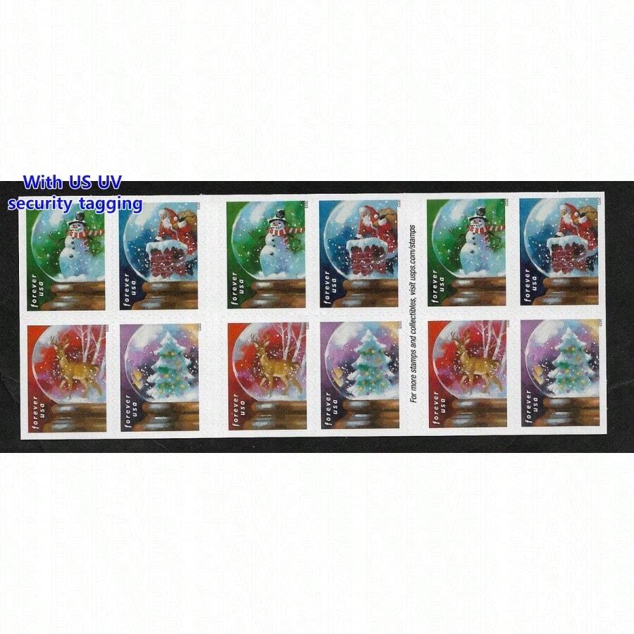 2023 Snow Globes Forever Postage Stamps - 1 Booklet Of 20 Featuring Snowman, Santa On Chimney, Majestic Deer, And Christmas Tree