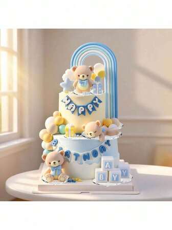 1 st söt björntårtdekoration, blå rosettbjörntårtdekoration, regnbågsrandig båge blå presentask blå stjärnmolntårtdekoration, lämplig för dop, födelsedagsfest, lämplig för könsavslöjande fest, babyshowertårtdekoration