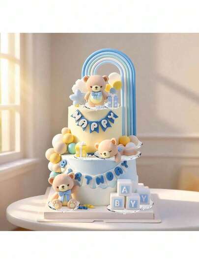 1 pezzo Decorazione per torta a forma di orsetto carino con fiocco blu, decorazione per torta con arco a righe arcobaleno, scatola regalo blu, nuvola di stelle blu, adatta per decorare torte per battesimo, compleanno, gender reveal festa, festa di nascità