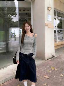 斜肩格纹系带打底衫，秋季字母印花修身长袖女式上衣，情人节、秋冬季/春季款 - 淺灰色 - 查看 5