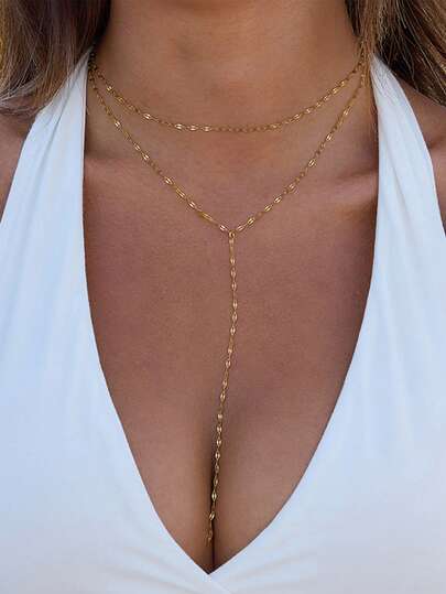 1pc Fashionable Versatile Y-Shaped Double-Layer Alloy Tassel Pendant Long Necklace - Suitable For Daily Wear, Women's Festivals And Wedding Gifts, Elegant And Minimalist Jewelry