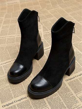 2025 Winter New Women's Shoes, Fashion Versatile Casual Women's Shoes, Ladies' Splicing Design Fashionable Boots, Back Zipper Comfortable Chunky Heel Ankle Boots, Thick Sole Winter Slim Boots, Black High Heel Elastic Boots, Petite Height Increasing Skinny Boots, Daily Wear Dress Boots