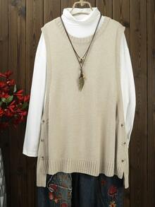 Solid Color Fashionable Streetwear Sleeveless Round Neck Vest Top With Button Design Sweater