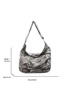 Borsa in tela vintage lavata di colore grigio mimetico di grande capacità, semplice e casual, con chiusura a cerniera, adatta per uso quotidiano, scuola, college, brevi viaggi, stile di strada, borsa a tracolla pieghevole e patchwork, borsa a spalla morbida per campeggio all'aperto