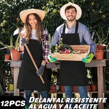 UOUOU 12 Piezas Delantal de Cocina Impermeable para Mujeres y Hombres con 2 Bolsillos y Cordon Ajustable Ideal para Jardineria Restaurante Barbacoa y Actividades Artisticas Proteccion Total y Practico Diseño Duradero - Negro + Marrón - Ver 3
