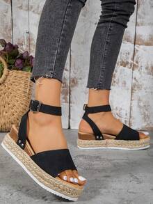 Women's Wedge Platform Sandals - Braided Jute Espadrilles With Adjustable Ankle Strap, Summer Beach Shoes For Outfits,Chunky Bohemian Sandals For Women 2024, Breathable Open-Toe Cork Sole & Leather Straps, Retro Fashion Shoes - màu đen - Xem 3