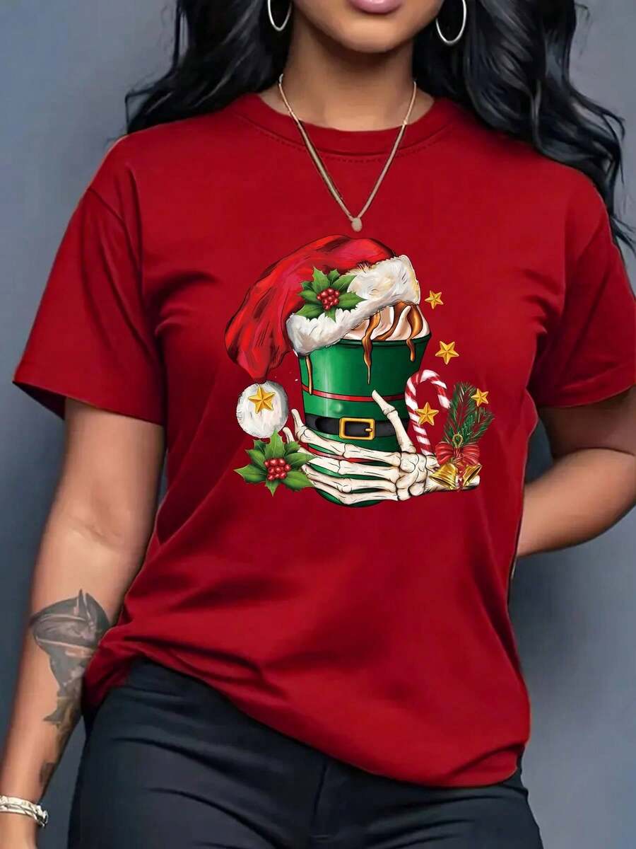 Camiseta de Navidad para Mujer - Top Rojo para Fiesta Navideña con Gorro de Papá Noel, Varitas de Caramelo y Copos de Nieve - Ropa Ligera para el Día a Día y Ocasiones Formales - Regalos de Navidad para Mujeres, Camisetas de Navidad, Moda de Temporada, Diseño Festivo, Ajuste Cómodo, Camiseta de Manga Corta