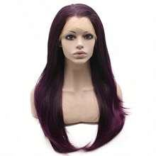 Mxangel Long Straight Celebrity Half Hand Tied Synthetic Lace Front Natural Two Tone Brown Purple Ombre Wig - como en la foto - Ver 1
