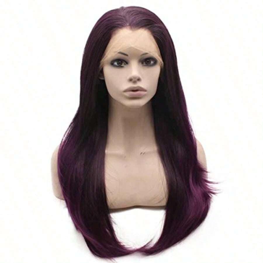 Mxangel Long Straight Celebrity Half Hand Tied Synthetic Lace Front Natural Two Tone Brown Purple Ombre Wig - como en la foto - Ver 1