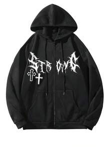 Women Zip-Up Sweatshirt Jacket, American Style Cross English Text Graphic Print, Warm Lining, Autumn/Winter