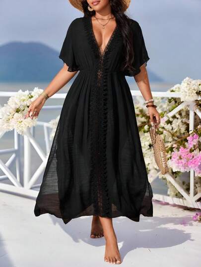 Swim Vcay Plus Size Women Single Design Side Split Lace Patchwork Sexy Casual Holiday Beach Dress For Summer Beach Vacation