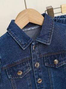 Girls' Denim Jacket With Bow Decor And Jeans Set, Casual Outfit For Spring/Autumn - 深色水洗藍 - 查看 3